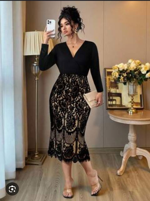 Vestido Elegante Shein 1XL Negro con Encaje Beige Nuevo