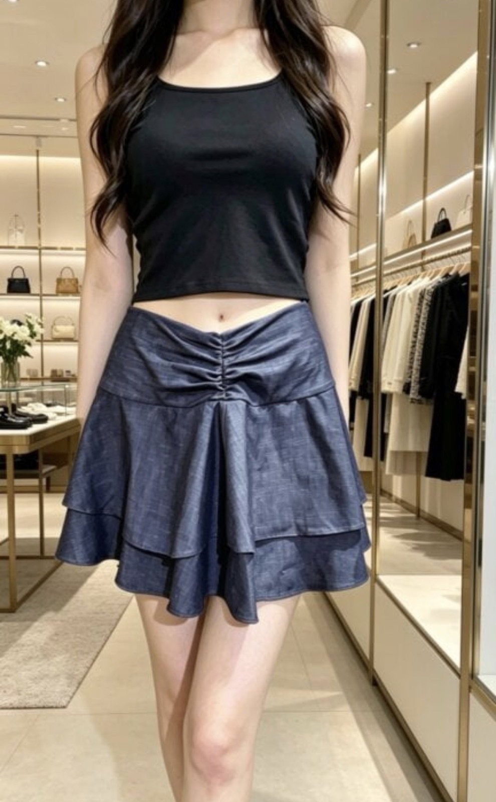 Falda corta estilo vuelo con capas y volantes color azul marino