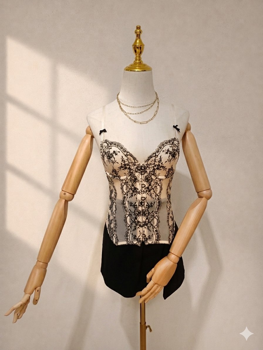 Corset Victoria's Secret Blanco con Encaje Negro Talla 34B