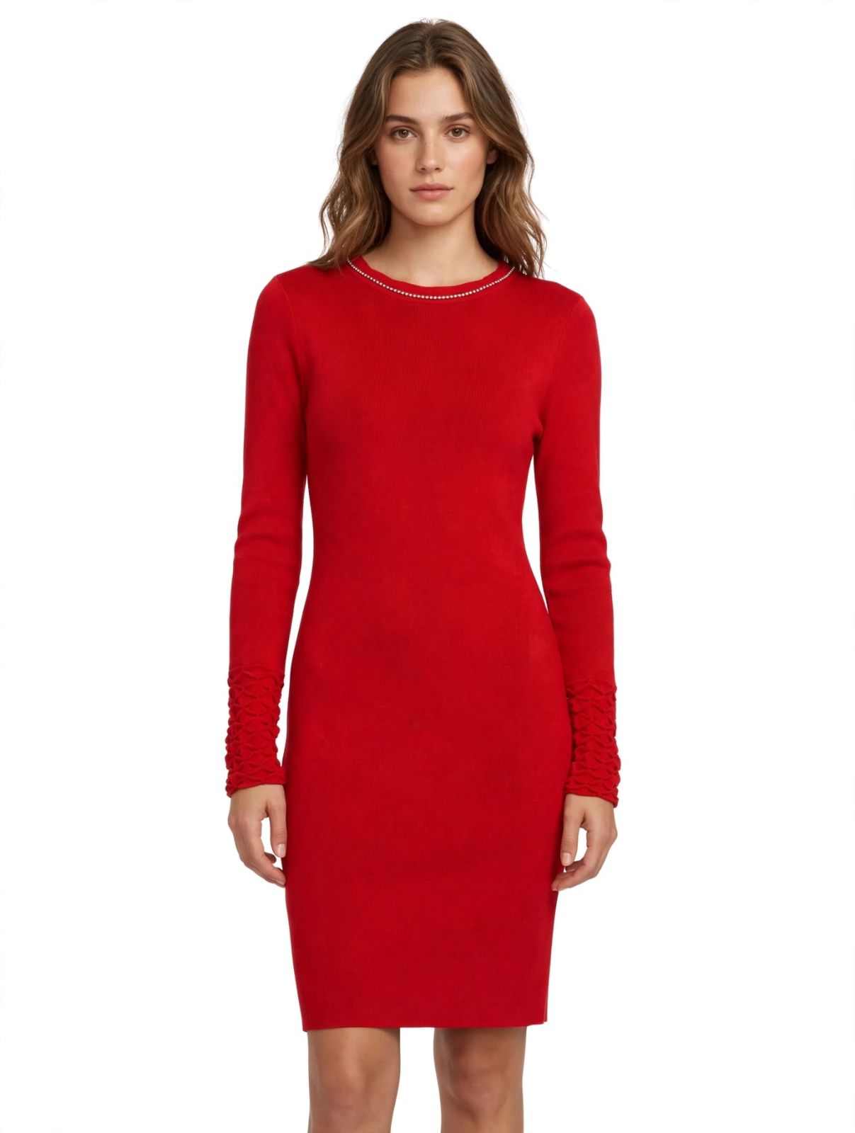 Vestido rojo elegante de manga larga con pedrería talla M