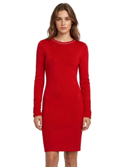 Vestido rojo elegante de manga larga con pedrería talla M