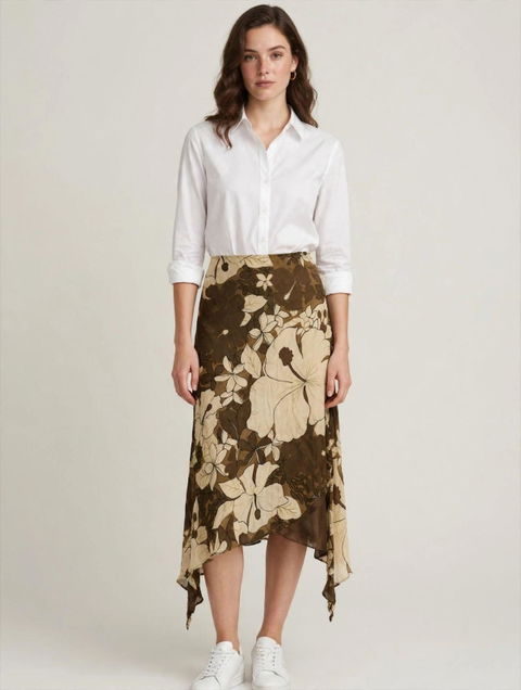 Falda larga con estampado floral en tonos marrón y beige