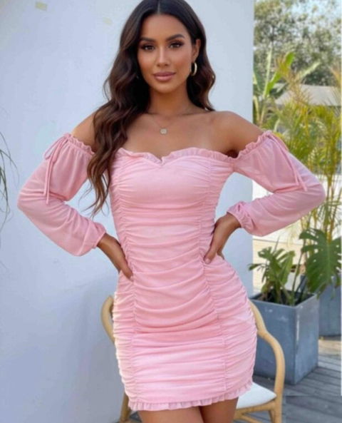 VESTIDO ROSA DRAPEADO HOMBROS