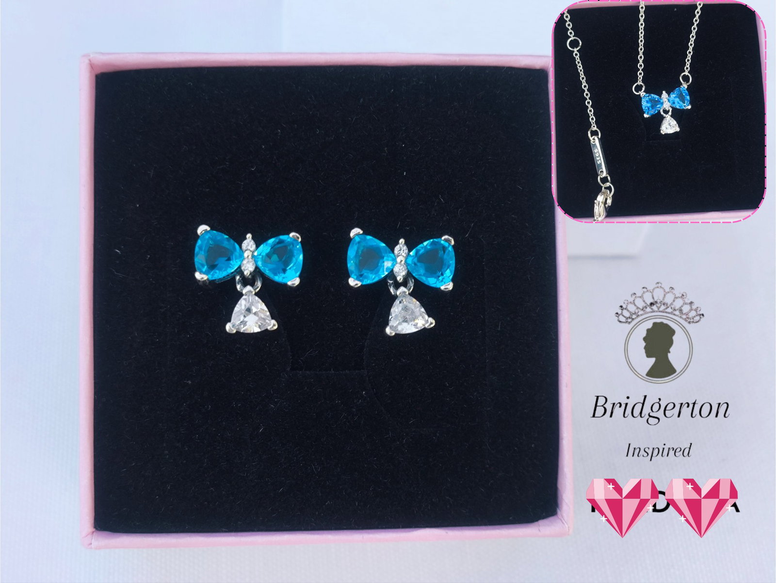 Set aretes de botón y collar lazo azul Bridgerton