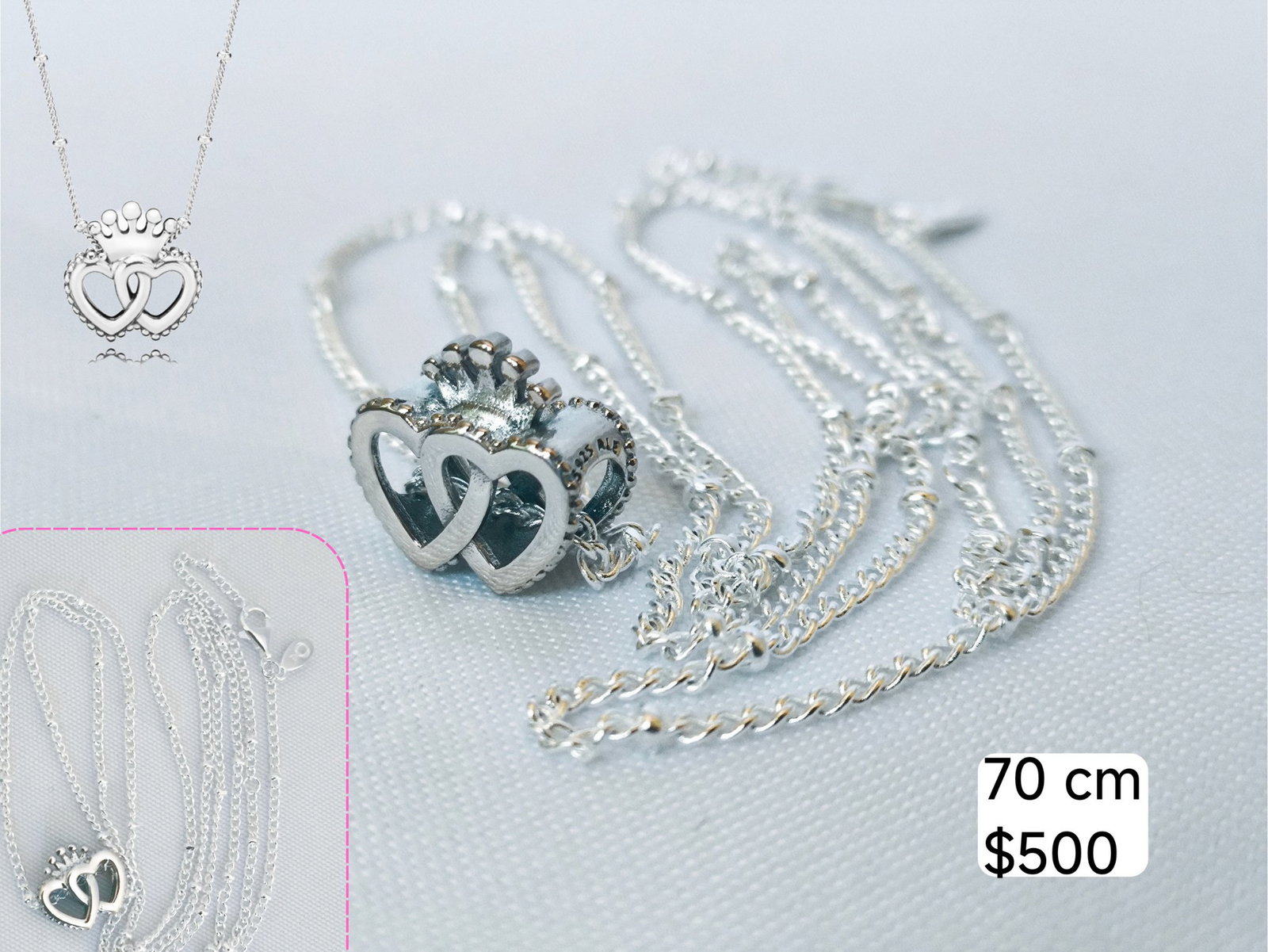 Collar de Plata con Coronas y Corazones - 70 cm