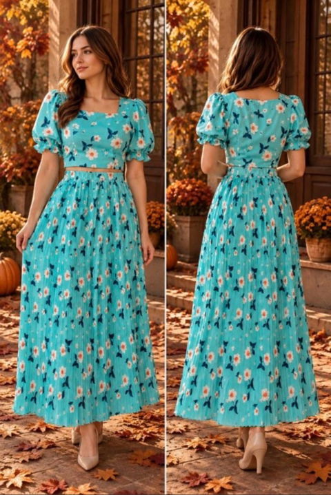 Conjunto de dos piezas turquesa con flores