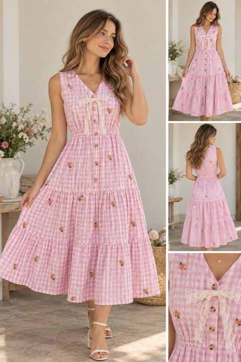 Vestido rosa gingham con bordado floral