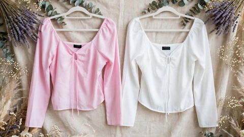 Blusas blanco y rosa manga larga escote al hombro tallas medianas
