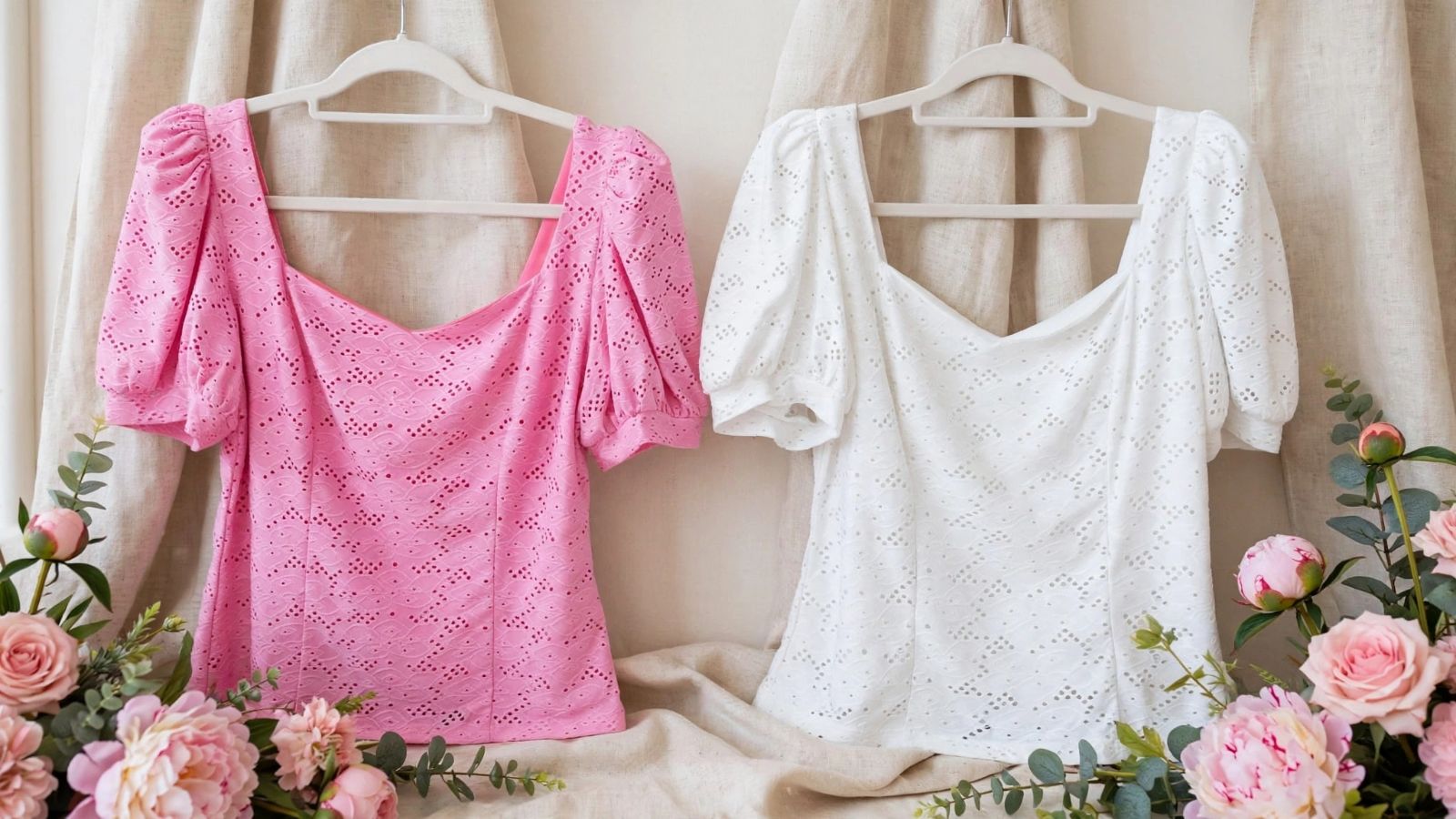 Blusas de mujer en color rosa y blanco con detalles de encaje