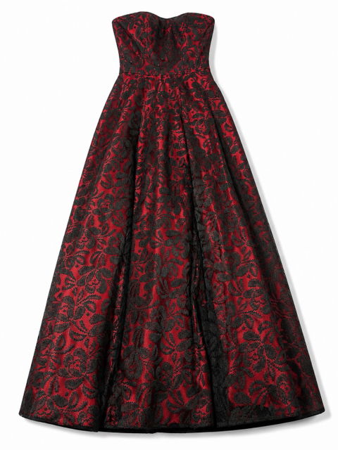 Vestido Largo Rue de la Paix talla 4- Diseño Brocado Floral Rojo y Negro
