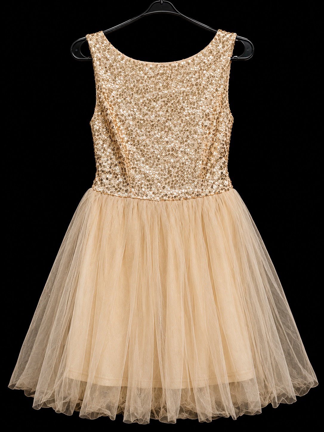 Vestido corto de tul color champán con lentejuelas brillantes - Talla S