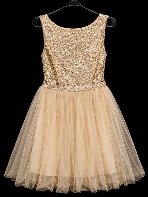 Vestido corto de tul color champán con lentejuelas brillantes - Talla S