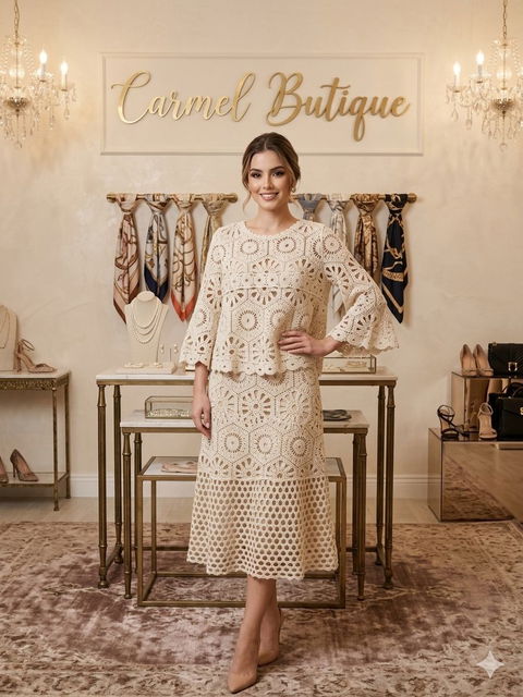 Conjunto de falda blusa color beige.