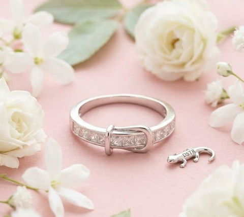 Anillo de plata .925 estilo hebilla. Baño de rodio. Talla 6.
