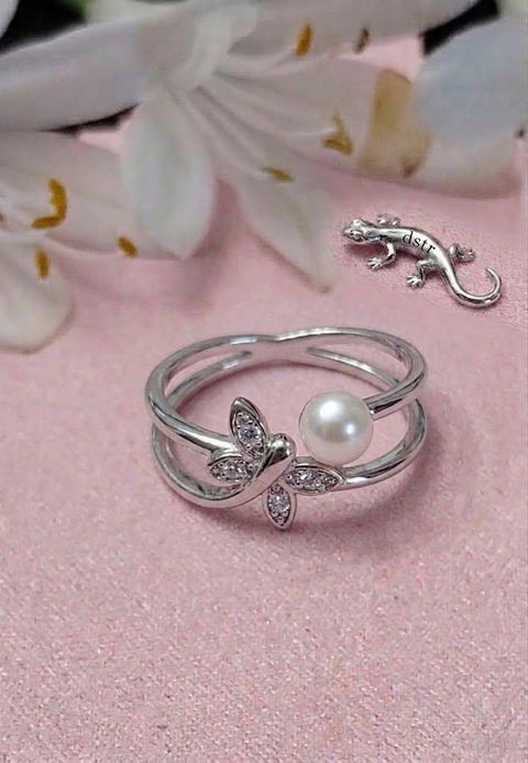 Anillo Mariposa & Perla de Río, plata .925 con baño de rodio, Talla 6