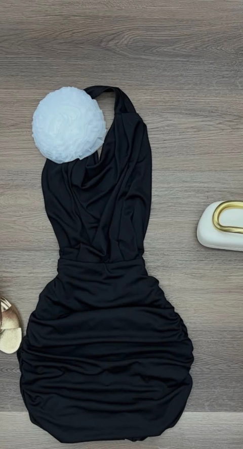 Vestido Drapeado Negro con Flor 3D - Zara Talla M