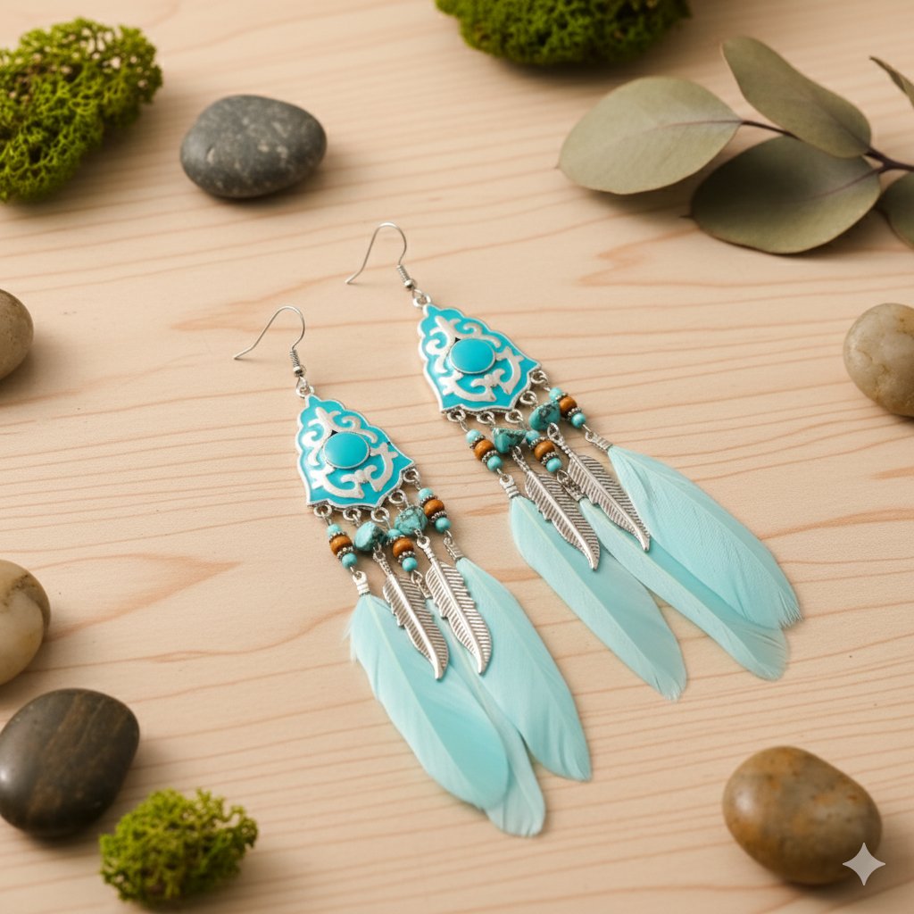 Aretes largos elegantes estilo vintage con plumas sintéticas