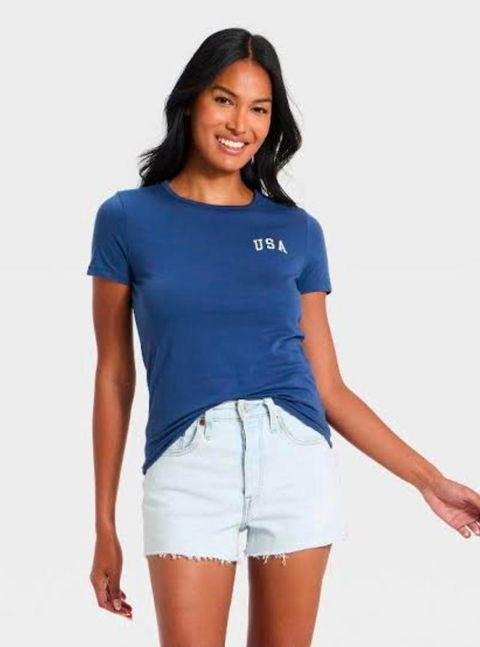 Playera de manga corta azul con gráfico USA - Talla M