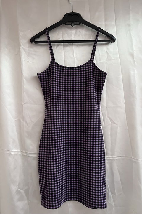 Vestido Mini H&M Estampado a Cuadros Negro y Morado Talla XS
