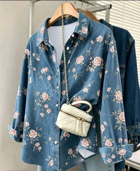 Camisa de efecto mezclilla con flores grabadas