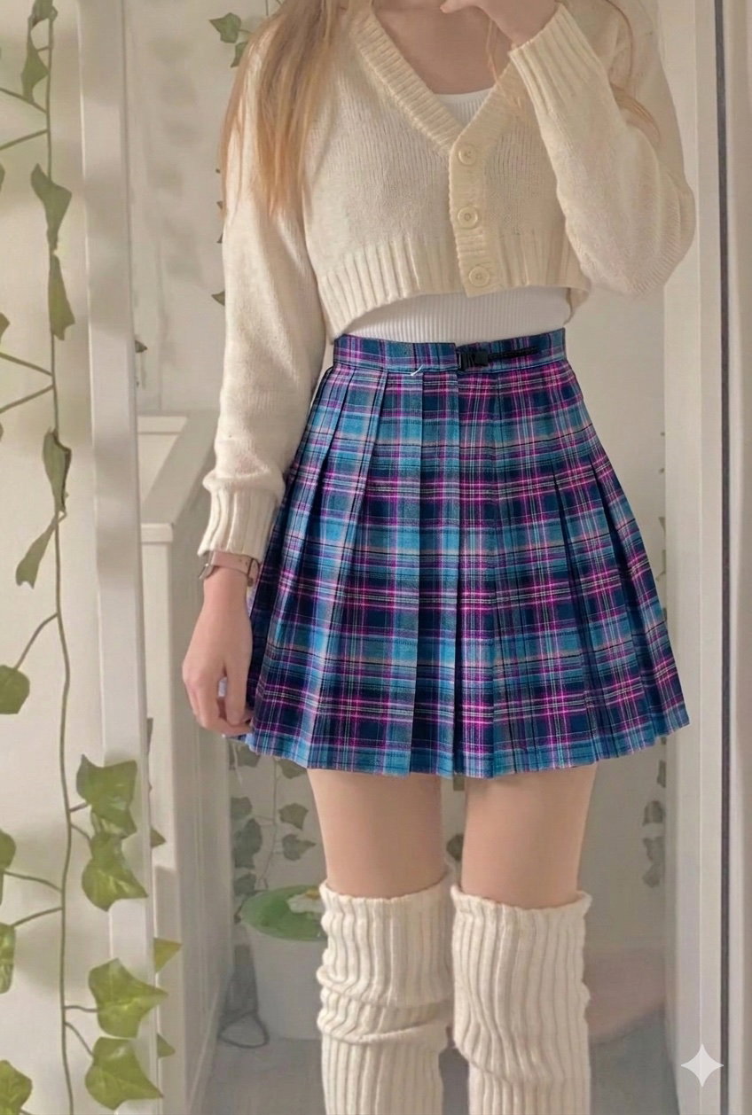 Falda tableada de cuadros color azul y rosa, talla S