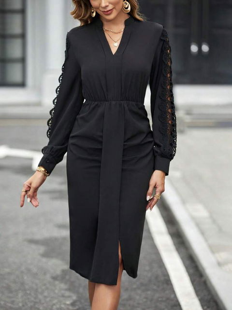 Vestido negro de manga larga con encaje - Talla L - Shein