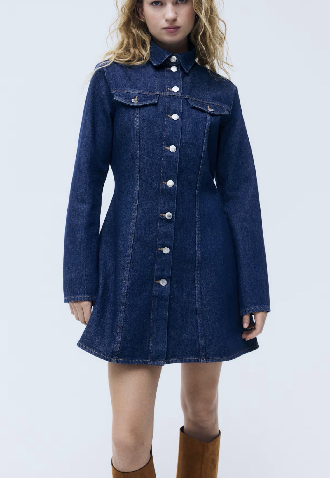 Vestido de Manga Larga Denim Rígido de Algodón