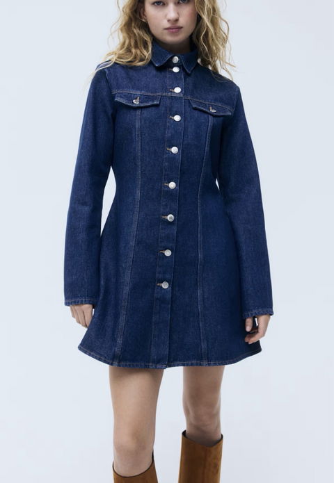 Vestido de Manga Larga Denim Rígido de Algodón