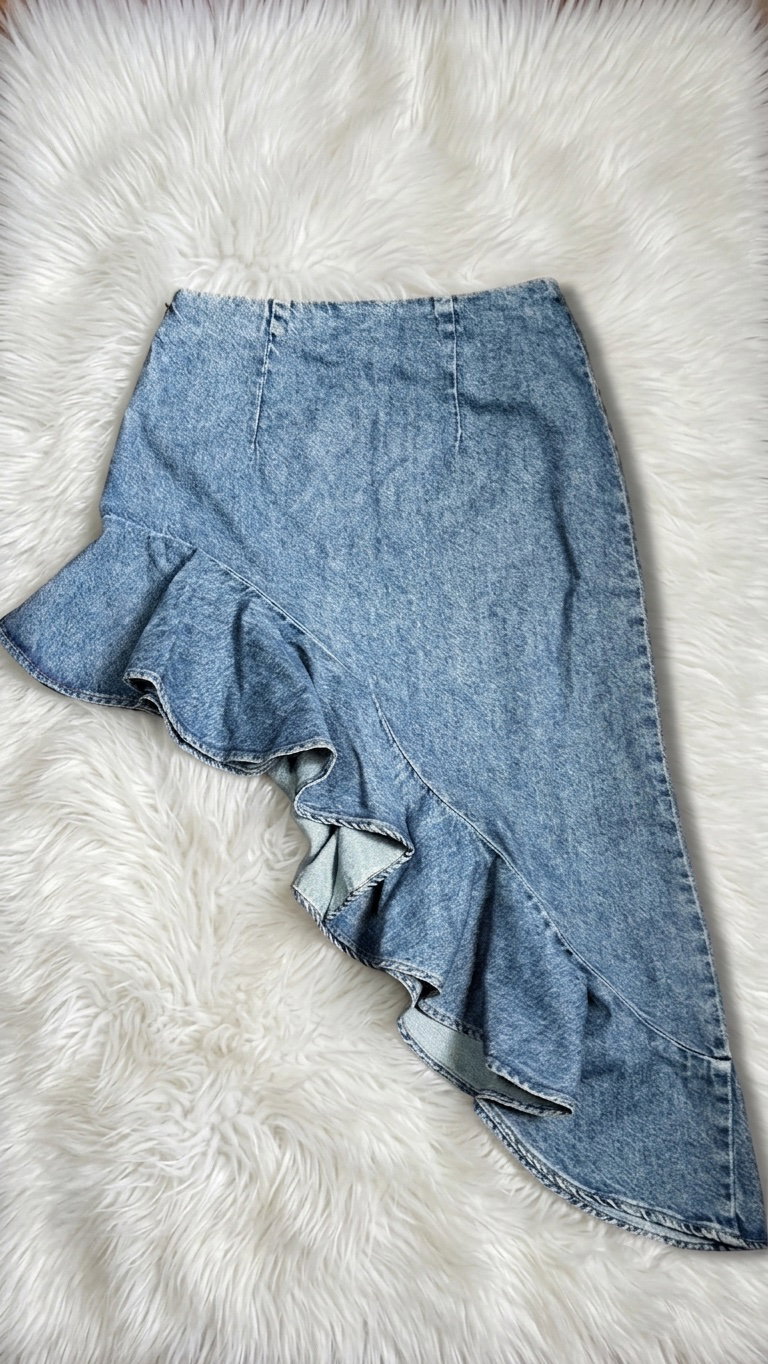 Falda Midi de Denim Rígido con Volante - H&M - Talla 38