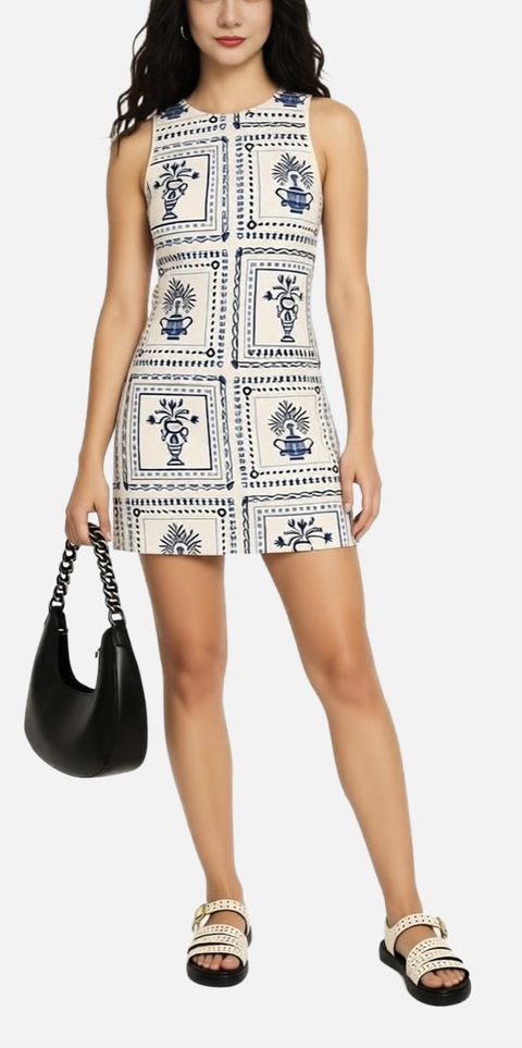 Vestido corto de sarga de algodón con cuello redondo y lazos