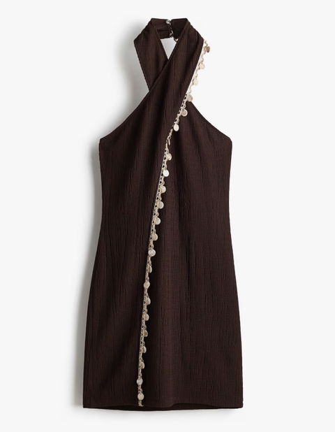 Vestido Mini Entallado en Punto Corrugado con Detalles de Yute
