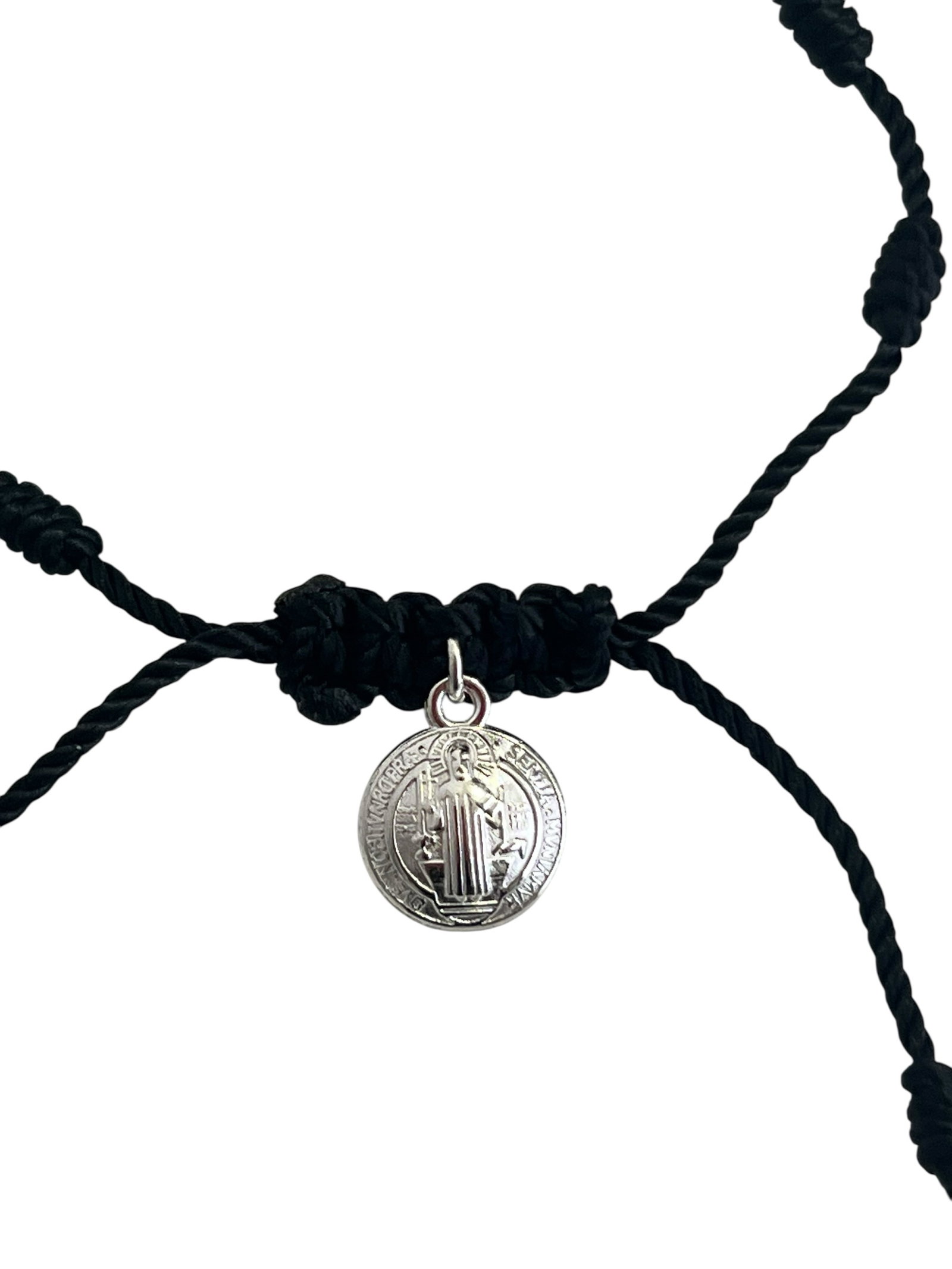 Pulsera 7 Nudos con Dije de Globo Plateado y Sagrado San Benito