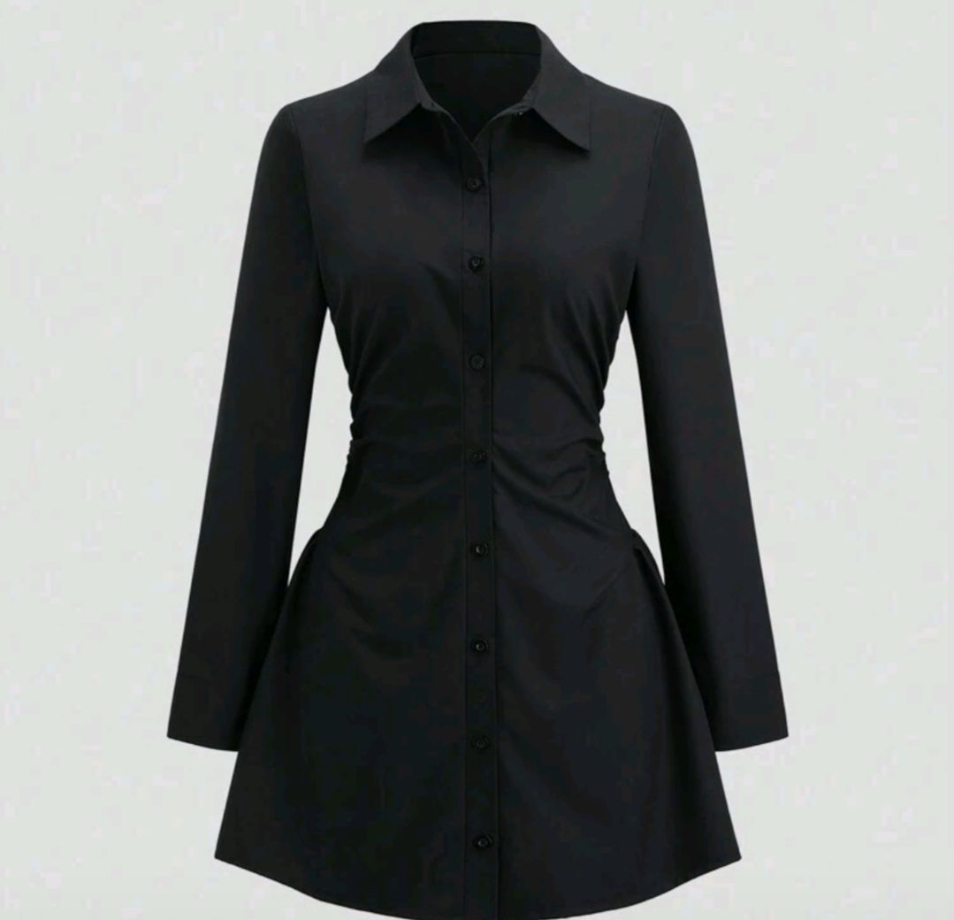 Vestido camisero ajustado fruncido color negro para mujer