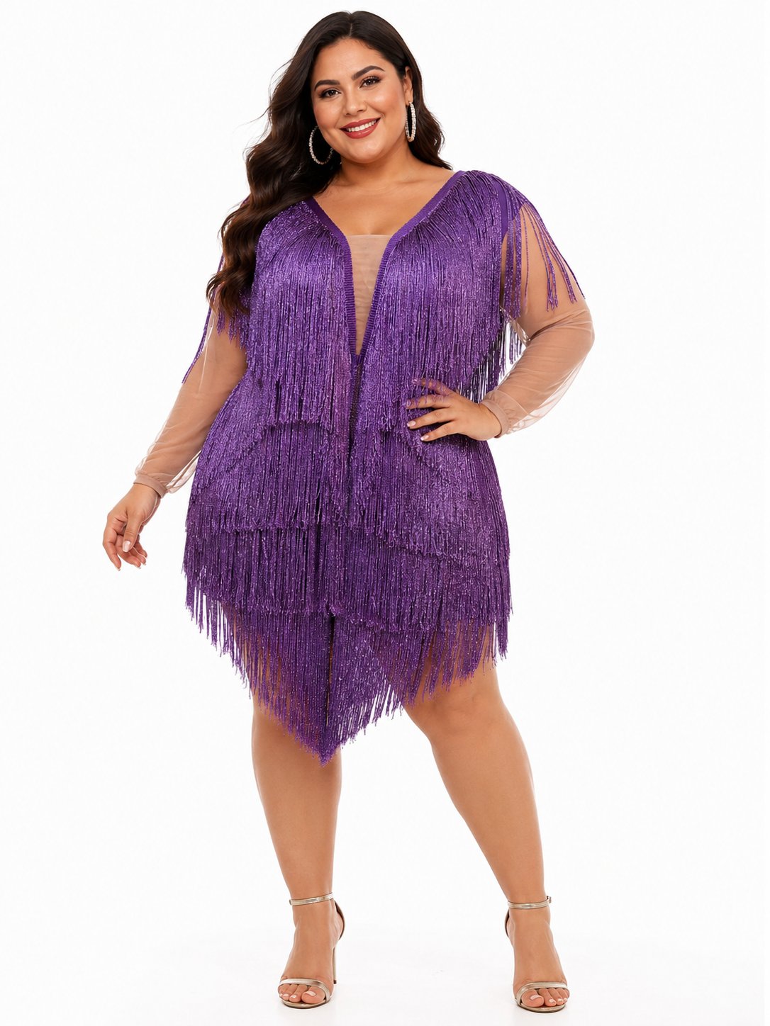 Jumpsuit de Flecos y Transparencias Talla 2XL Color Morado