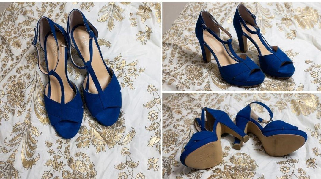 Zapatos azules abiertos de tacón ancho 8 cm