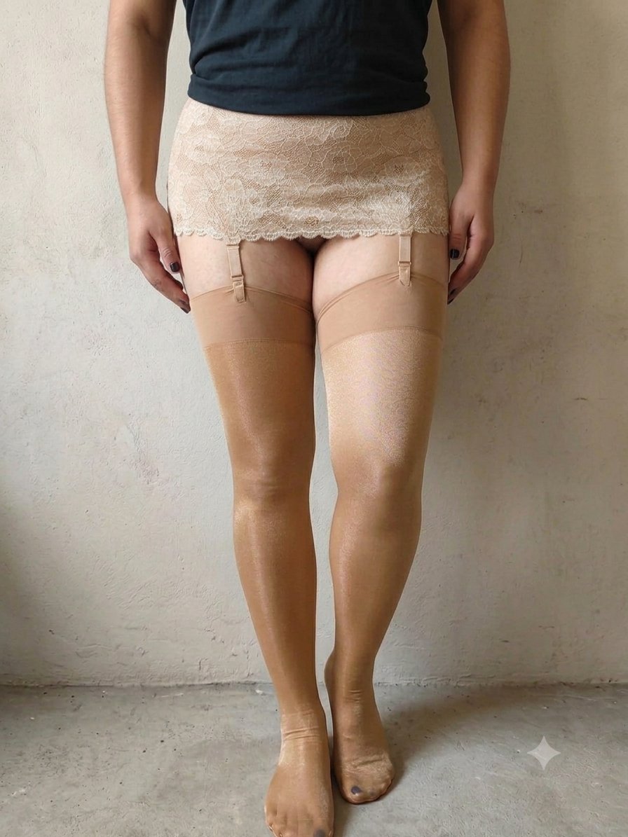 Tanga y Medias Brillosas Beige - Victoria's Secret - Nuevo
