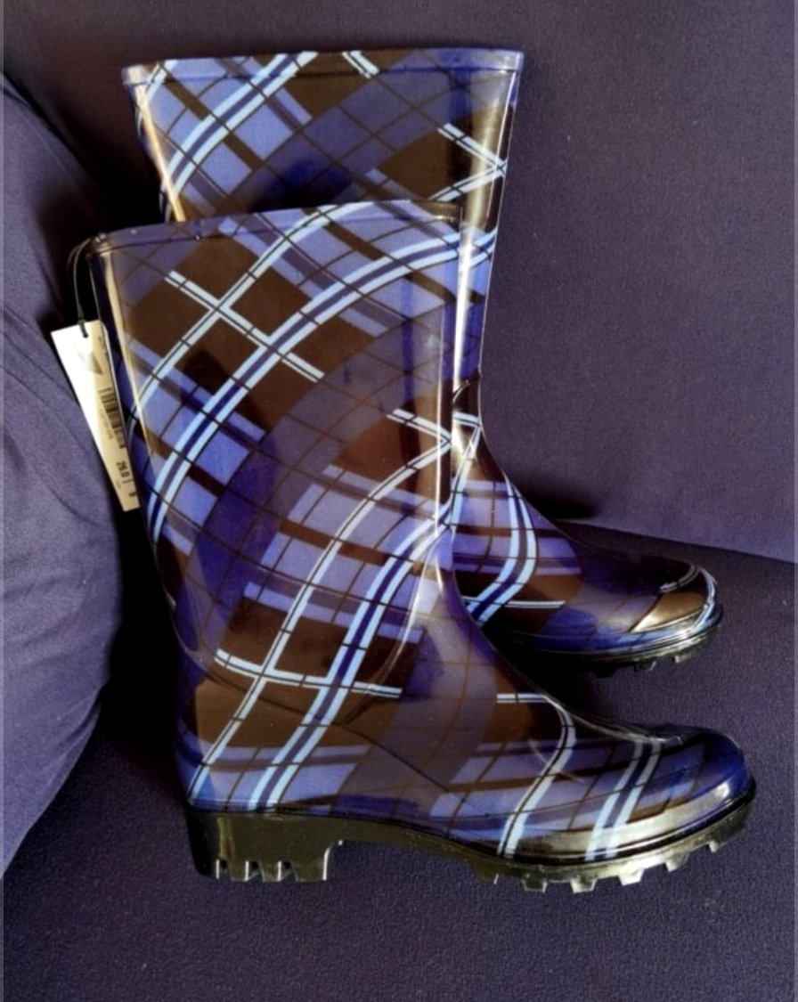 Botas de Lluvia Nuevas, Color Azul con Cuadros Escoceses, Talla 26