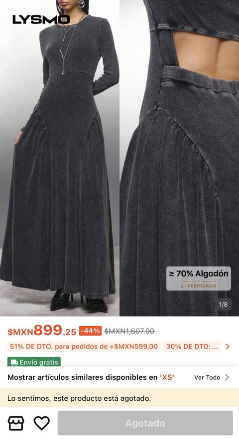 VESTIDO LARGO TALLA S COLOR GRIS