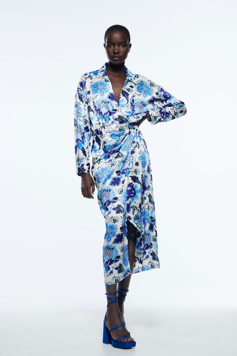 Vestido ZARA floral print satinado azul