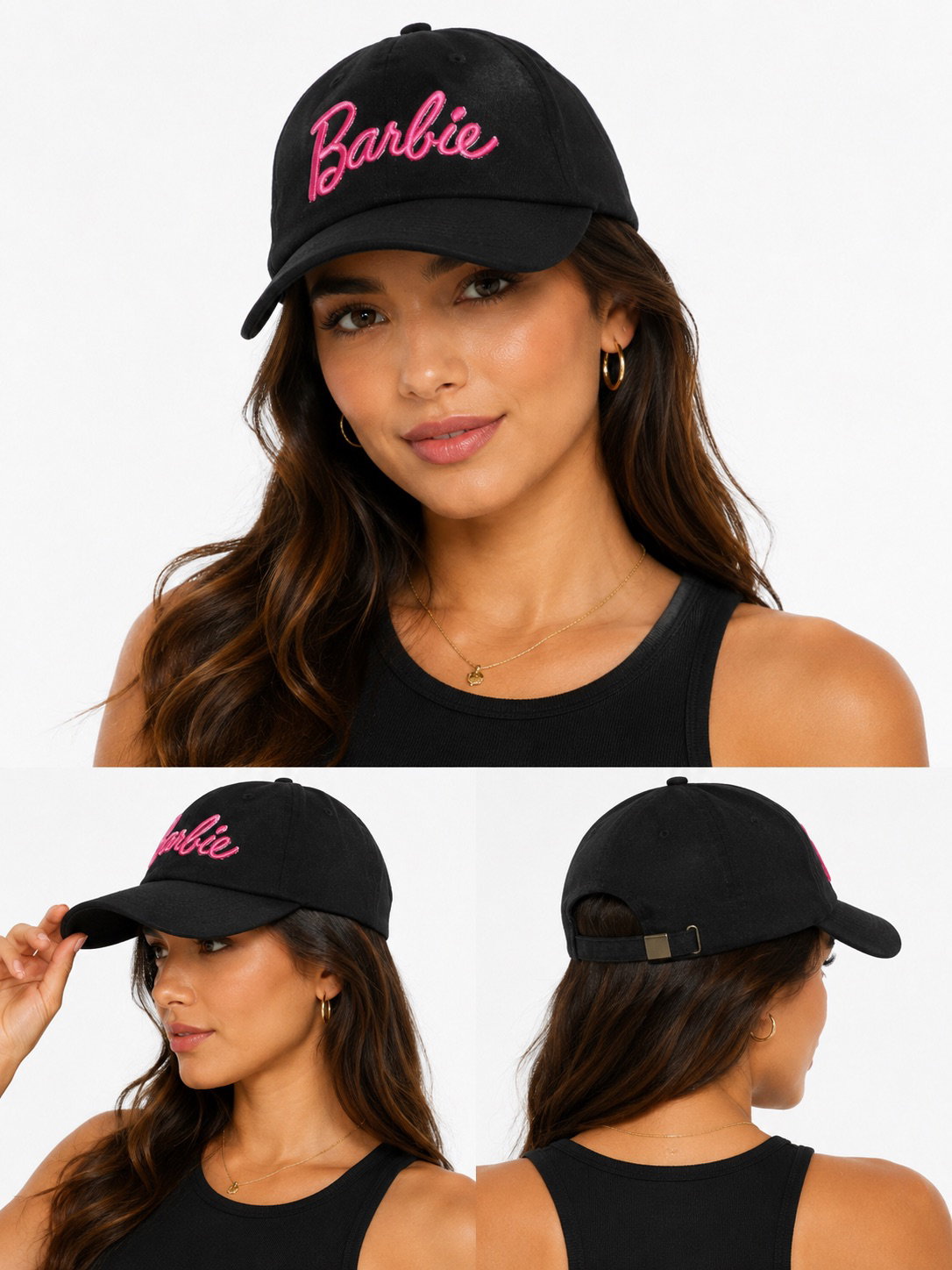 Gorra negra con bordado rosa 'Barbie'